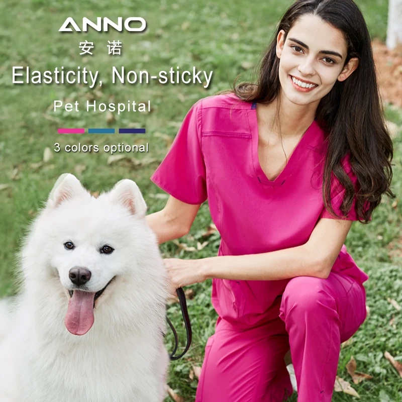 ANNO Non-stick Hair Scrubs Set Elasticity Nurse Uniform Slim fit Nursing Dress Pet Hospital Staff Cloths Veterinary Work Wear