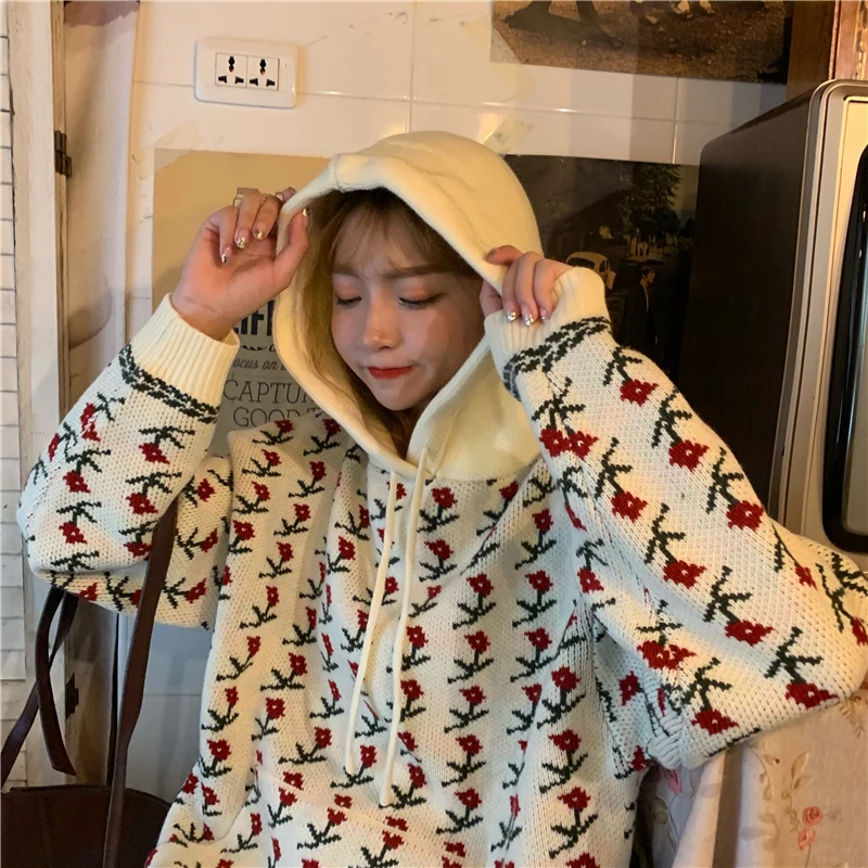 Осень Корея ins Harajuku сладкий цветок вышивка с капюшоном с длинным рукавом свитер Женская мода Свободный с Капюшоном Повседневный женский свитер