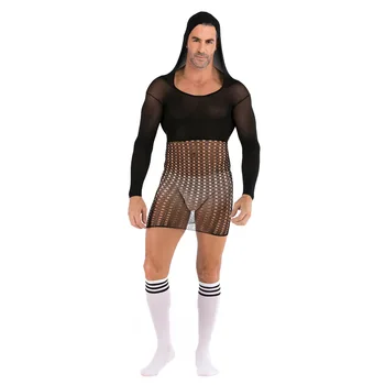 

Mens exotic lingerie see-through Long Sleeve Hooded Underwear Intimates stripper clothes sissy sheer bodysuit fishnet clothing