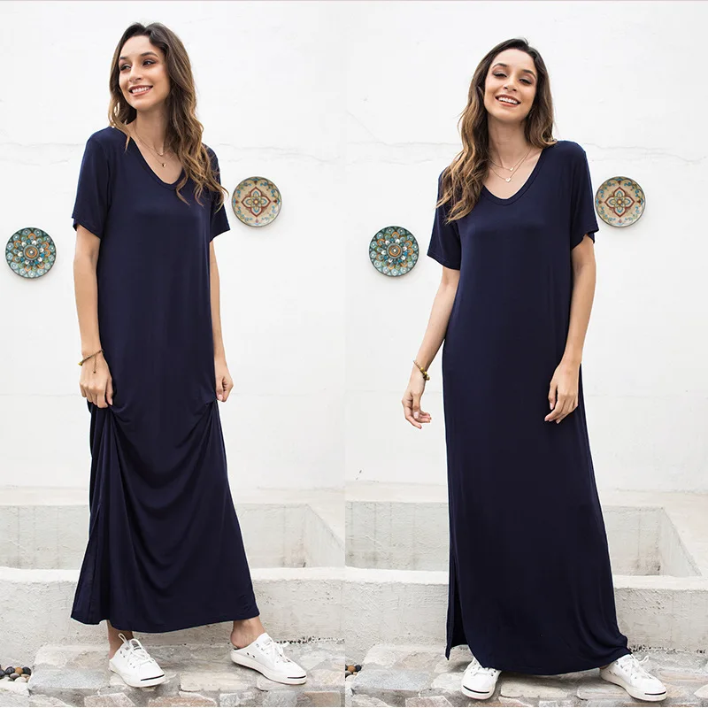 Summer Spring Korean Dress Women Loose Casual Elegant Slit Short Sleeve Knit Long Maxi Solid Robe Tunic Kaftan Vestidos | Женская одежда