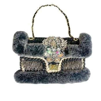 

Fur Luxury Handbags Women Shoulder Bags Designer Bling Crystals Crossbody Bag 2020 Winter Gem Rhinestones Lady Messenger Handbag