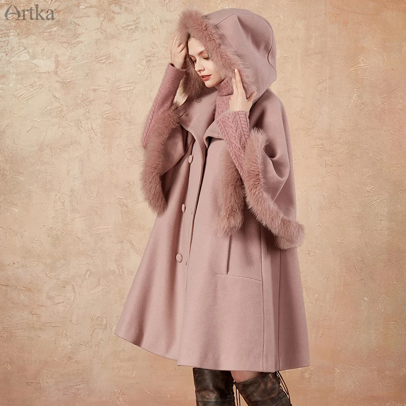 

ARTKA 2019 Winter New Women Woolen Coat Fox Fur Collar Hooded Woolen Outwear Double Breasted Cloak Woolen Coats Women FA10774D