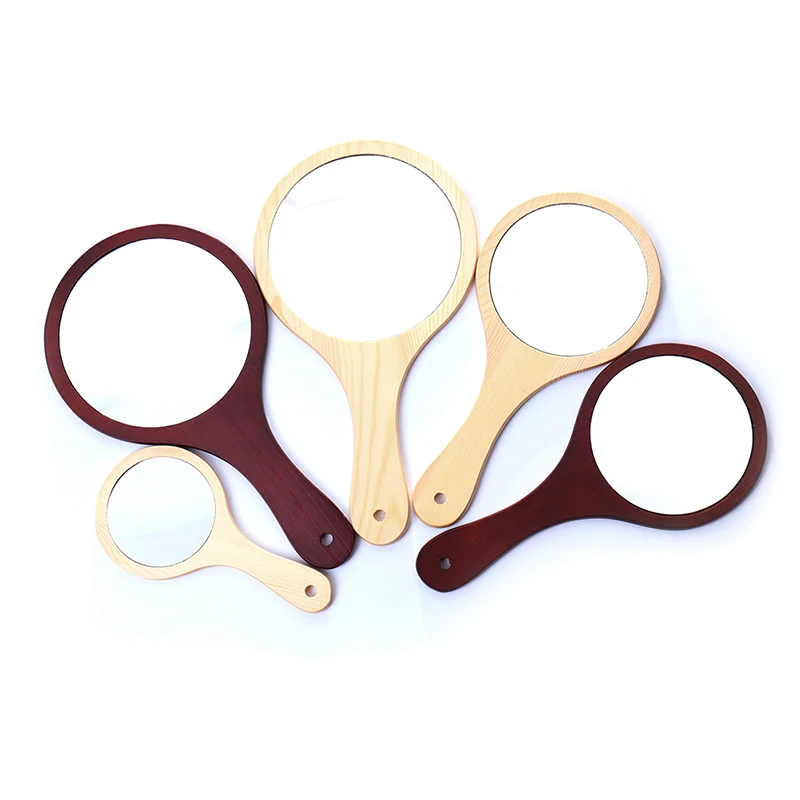1PCS Portable HD Round Wood Vintage Hand Mirror Make Up Mirrors With Handle For Women 3 Size 2 Colors