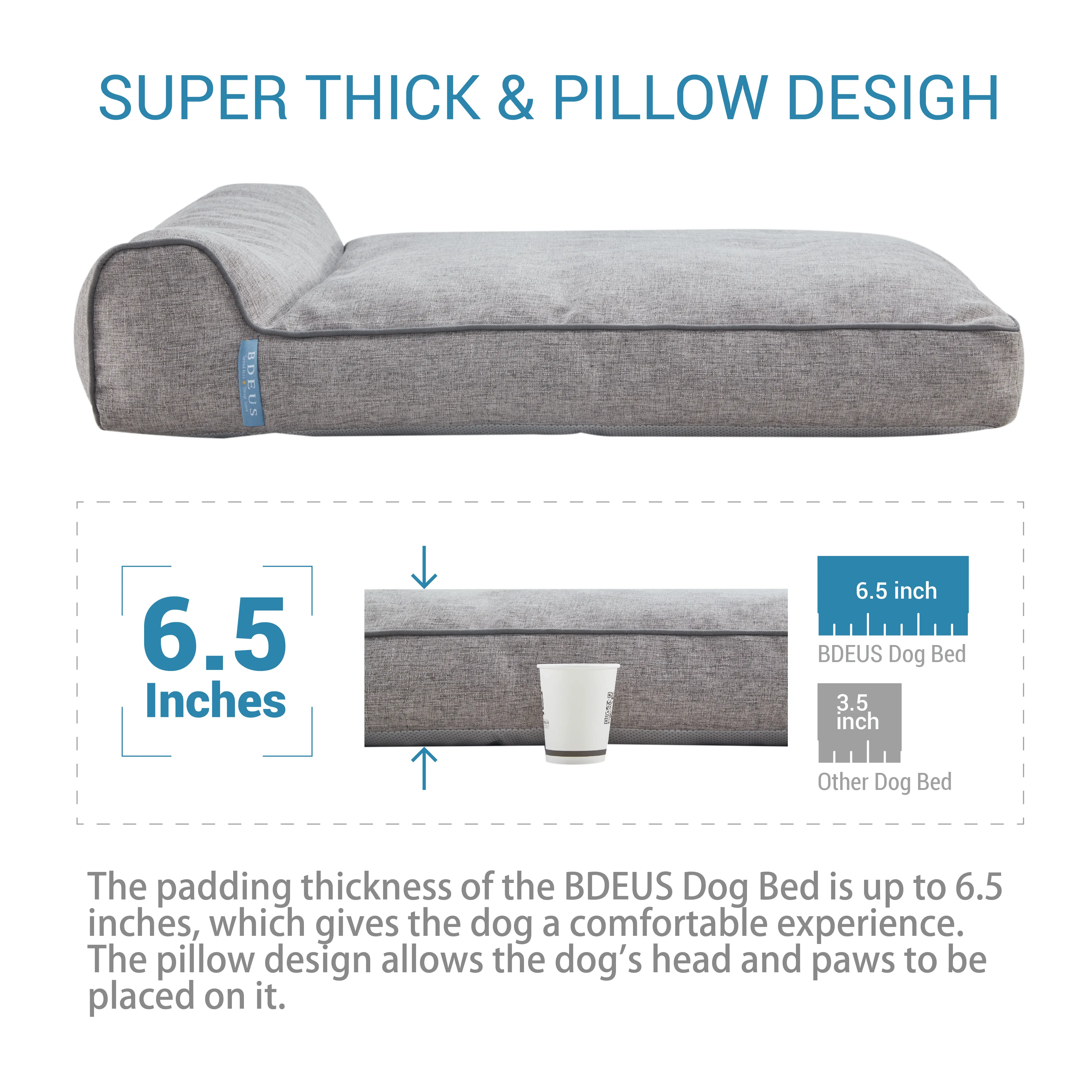 Anti-Slip Bottom for Dogs & Cats BDEUS 35 x 26 x 6.5In Orthopedic Large Pet Dog Bed Traditional Sofa Couch Pet Bed Mattress with Removable Cover and Pillow 