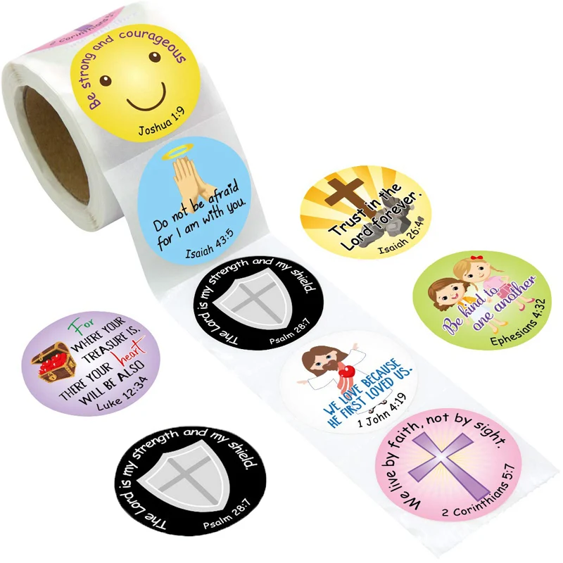 

500pcs/roll 8 Types Religious Christian Bible Verse Stickers for Kids Reward Cross Christening Communion Scripture Quotes Decal