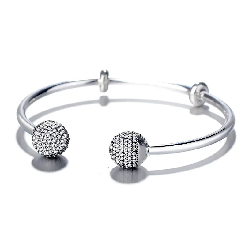 

KC New 925 silver sparkling Open set pave bead bracelet DIY beads Bracelet Fit original pandora charms Women Bracelet Jewelry