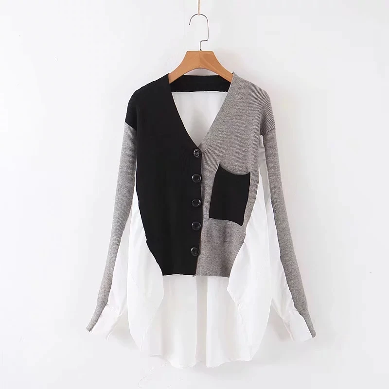 

knitted color block patchwork white shirt female 2019 winter autumn brief design