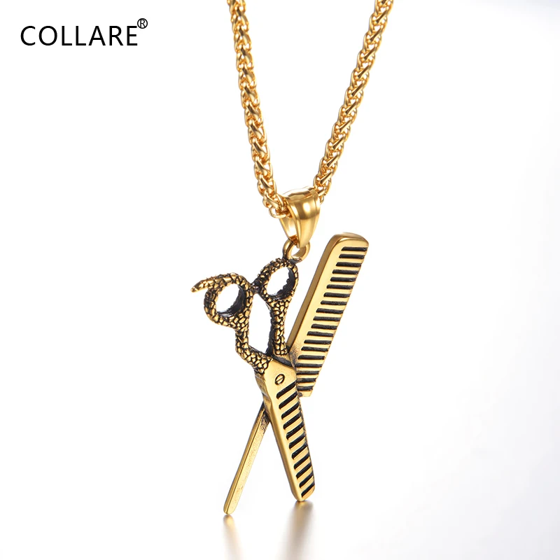 Collare Scissors And Comb Pendant Men Stainless Steel Comb Jewelry Gold/black Color Hair Dresser