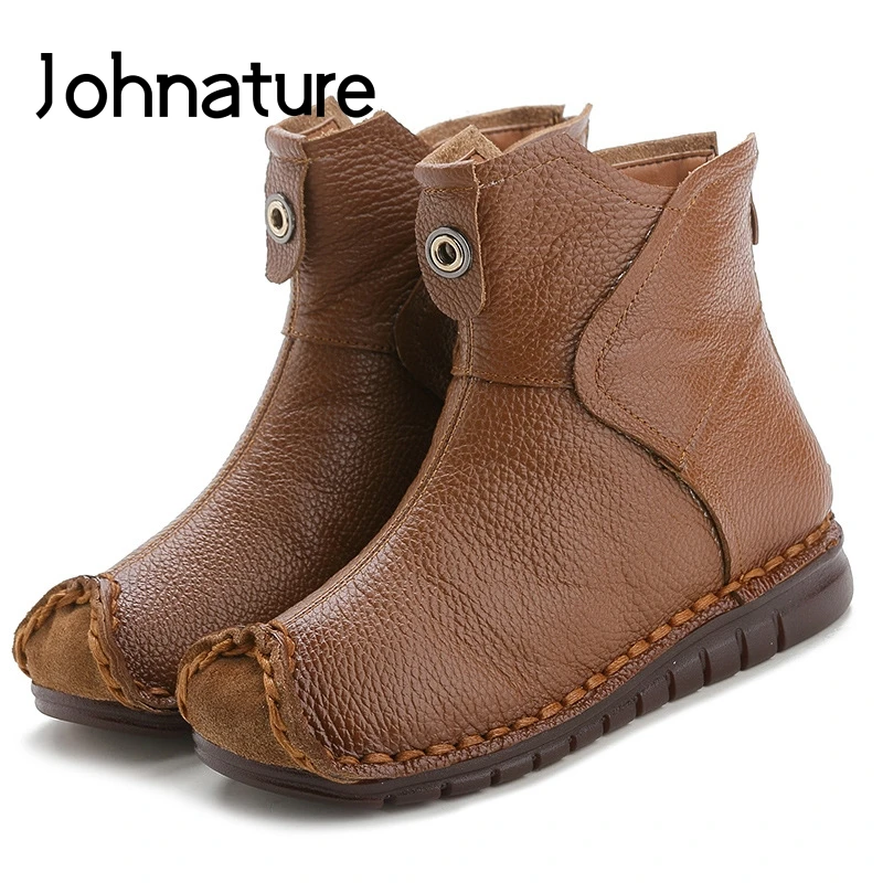 

Johnature Retro 2019 New Autumn Winter Genuine Leather Platform Boots Zip Women Shoes Round Toe Flat With Sewing Ankle Boots