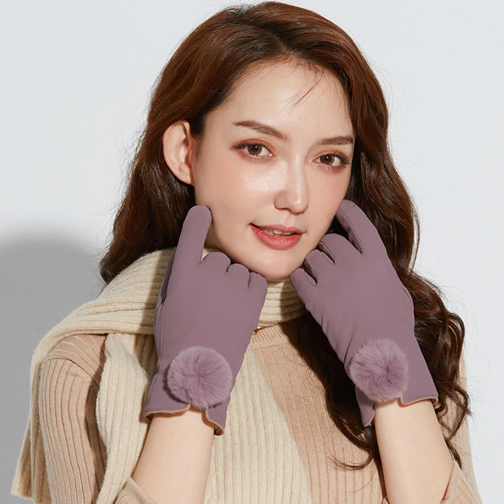 purple gloves Осенние и зимние дышащие кожаные перчатки Дамская мода сенсорный экран плюс бархат толстый теплый шерстяной мяч уличные Верховые перчатки - Цвет: purple gloves