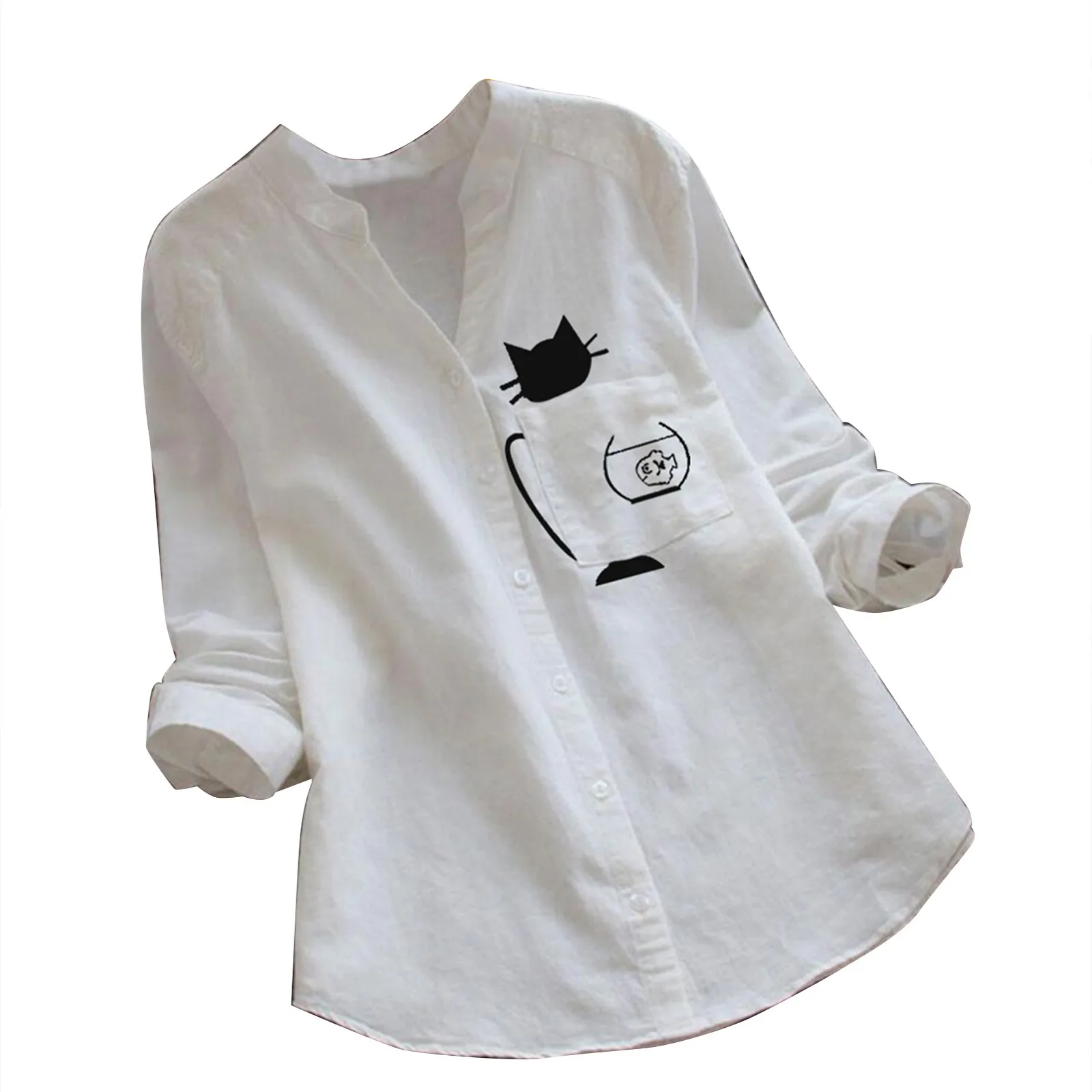 Womens Fashion Fashion Casual Cat Print Long Sleeve V- Neck Cotton Linen Tops Women Scriptor Summo 2