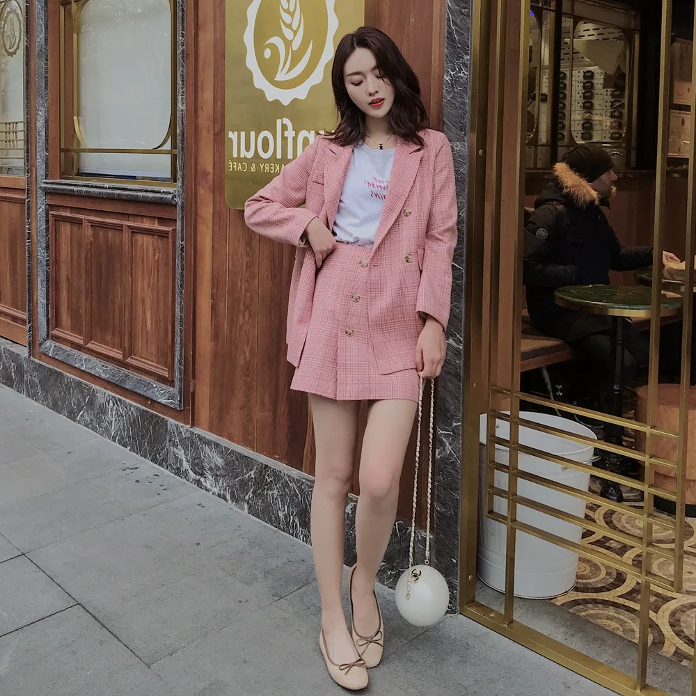 

Photo Shoot 2019 Spring And Autumn New Style Smart-Style Plaid Small Suit Coat + High-waisted A- line Skirt Two-Piece Set