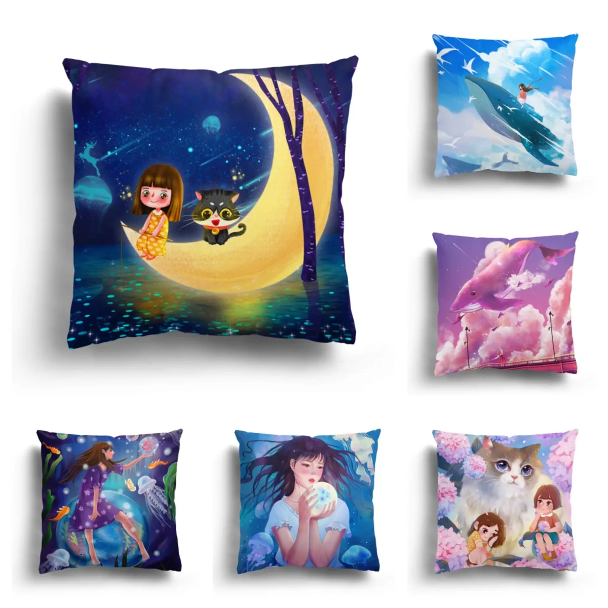 Moon whale and girl plush pillowcase home decoration sofa car cushion cover office can be customized | Дом и сад