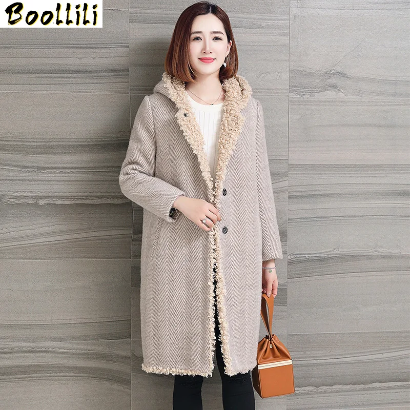 

Boollili Sheep Shearing Wool Coat Hooded Real Fur Coat Long Winter Fur Jacket Women Natural Lamb Fur Liner Plus Size 6XL