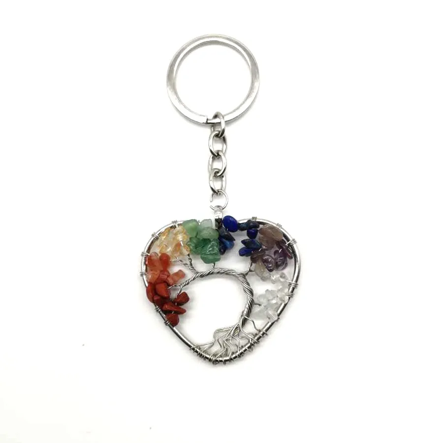 

7 Chakra Heart Tree of Life Natural Stone Rose Crystal Quartz Keychain KeyChain Pendant Keyrings Key Ring Bag Acc Jewelry