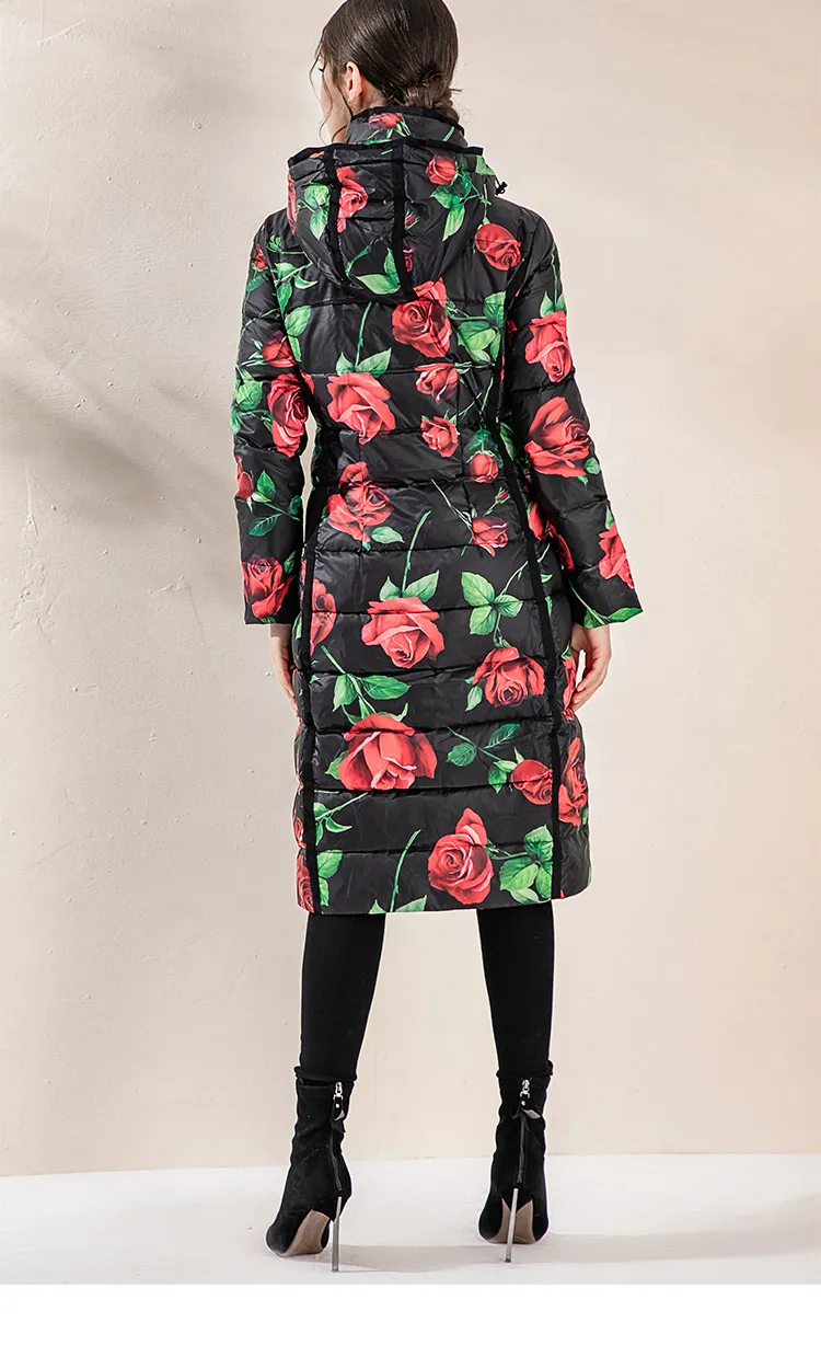 Delocah, женское пуховое пальто, модный Дизайнерский Костюм с принтом розы, 90% белый утиный пух, зимняя теплая куртка с капюшоном, Женское пальто