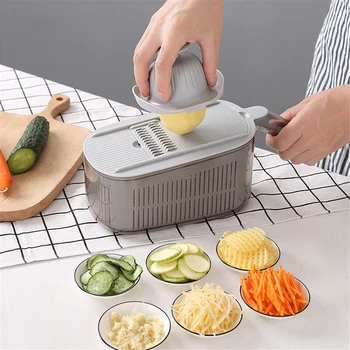 

6 in 1 Kitchen Utensils Multifunctional Cutting Drain Box Potato Shredder Cucumber Slicer Dicing Grater Carrot Garlic Presser