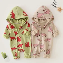 Barboteuse de printemps pour nouveau né, imprimé léopard, combinaison à manches longues, pantalon à capuche, en coton, tenues d'automne pour bébé fille 