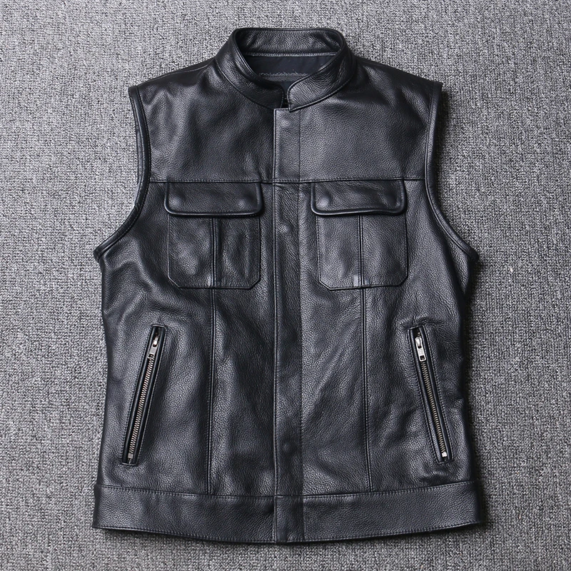 Chaqueta de cuero estilo motorista para hombre, Chaleco de piel de vaca auténtica mangas, 100%, cuello levantado, prendas vestir|Chalecos| - AliExpress