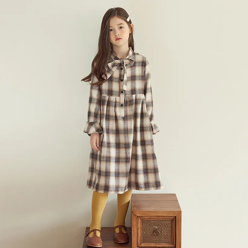 Модный корейский стиль клетчатое милое платье с длинными рукавами для девочек на