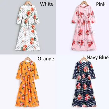 

6 8 10 12 Years Old Girls Floral Maxi Dress with Pockets Bohemian Long Gown 3/4 Sleeve Ankle Length Vintage Casual Frock Clothes