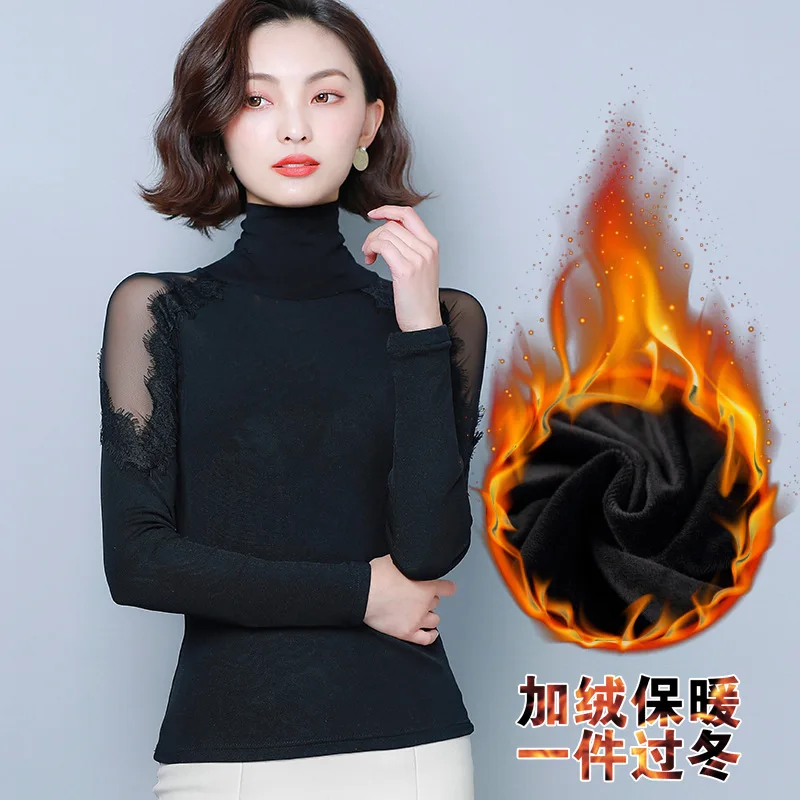 

Hot Selling 2019 Autumn And Winter New Style High Collar Lace Base Shirt Women Long Sleeve Tops off-Shoulder Black And White wit