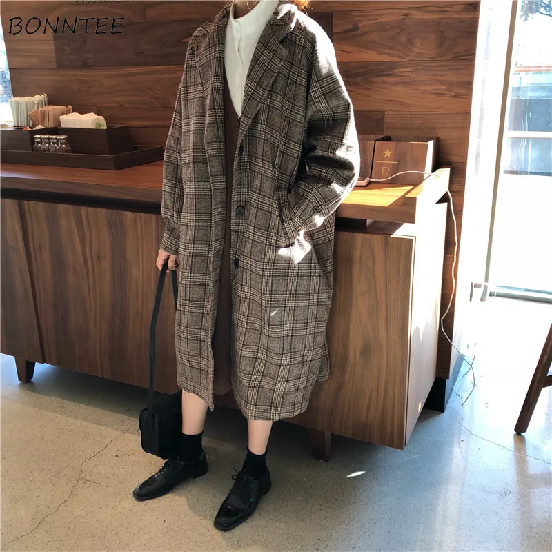 

Wool Blends Women Korean Style All-match Plaid Ulzzang Elegant Loose Pocket Single Breasted Long Womens Clothing Chic Casual New