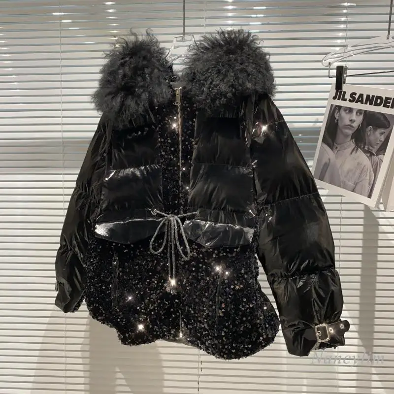 

2020 Winter Parka New Big Lamb Fur Collar Hooded Bright Face Matte Stitching Sequins Waist Drawstring Cotton Coat Warm