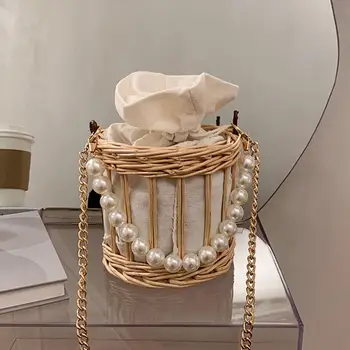 

Elegant Female Pearl Tote bag 2020 summer new high quality Straw Women's Designer Handbag Chain Shoulder Messenger Bag Banquet