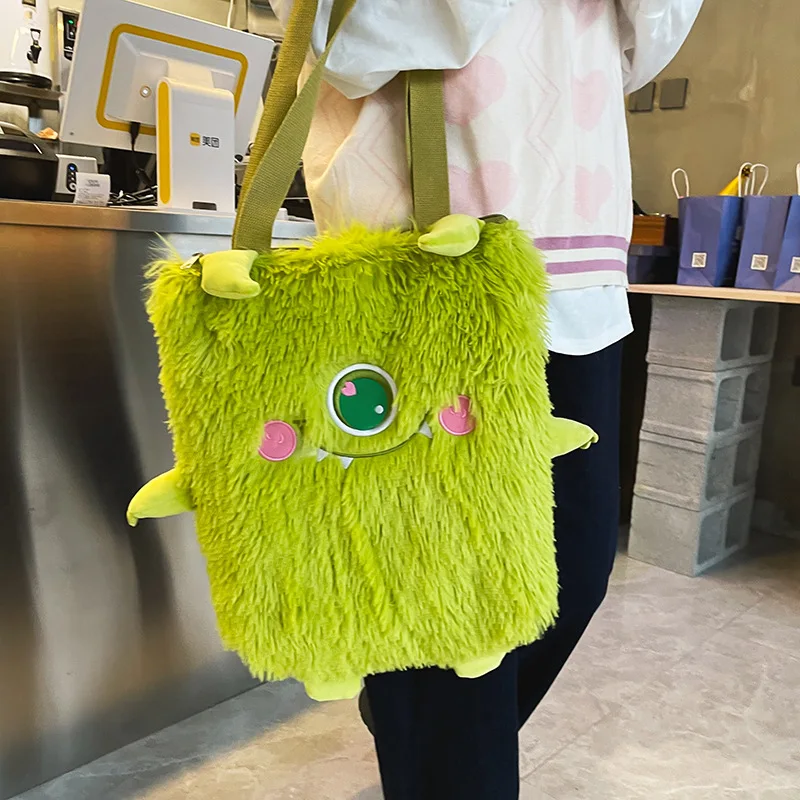 Women new Japanese cute funny plush handbag personality embroidery little monster plush girl student shoulder bag female bag