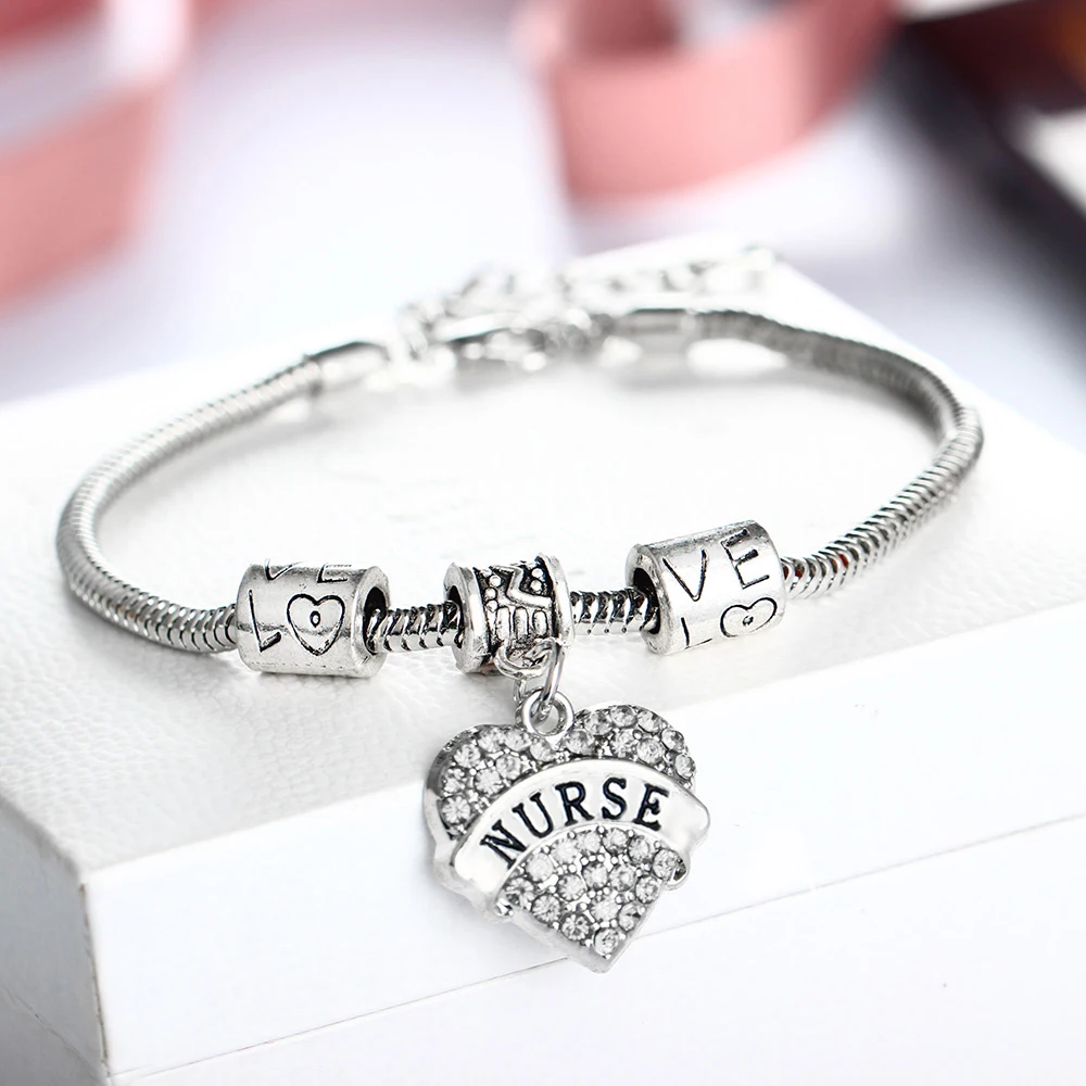 12 шт. медсестры прозрачное Хрустальное сердечко любовь браслеты Подвески из бисера браслет из цепочек женские Девушки друзья медсестры день подарки Ювелирные изделия Горячая
