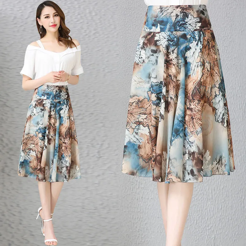 

Skirt Women's Summer 2020 New Style Half-length A- line Skirt Mid-length High-waisted Floral-Print Chiffon Midi-skirt Big Hemlin