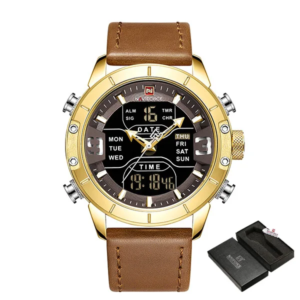 GoldBrownBox NAVIFORCE мужские часы лучший бренд класса люкс армейские военные кожаные мужские наручные часы водонепроницаемые цифровые кварцевые спортивные часы Relogio - Цвет: GoldBrownBox