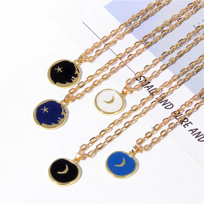 Painting Necklace For Women Moon Star Oil Drip Fashion Pendant Necklaces Long Chains Round Jewelry Friendship Gifts | Украшения и