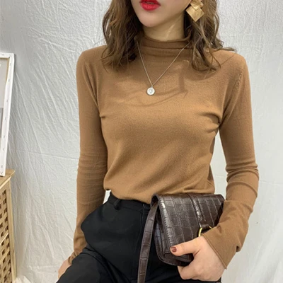 Solid Turtleneck Slim Knitted Sweater Women Winter Warm Wild Long Sleeve Bottoming Tops Fashion Elegant Knit Pullovers Sweater - Цвет: Khaki