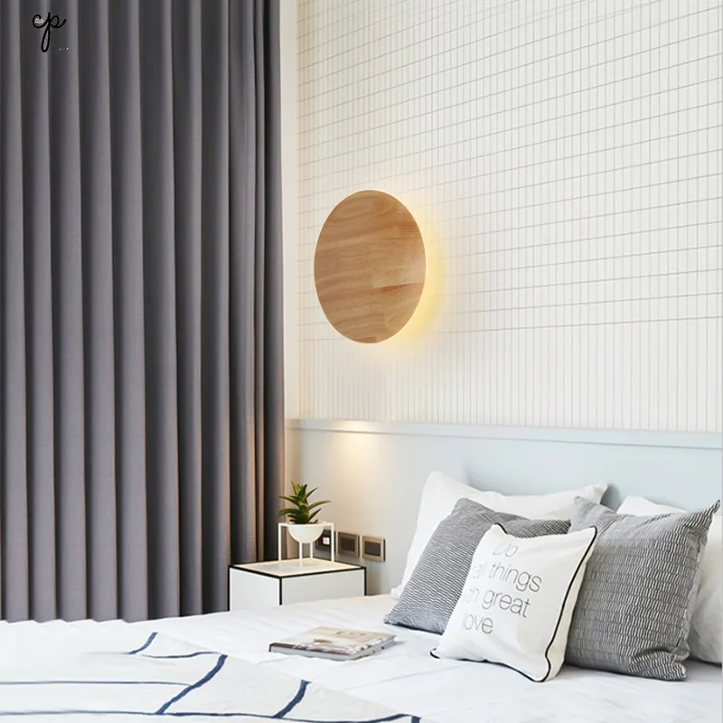 Nordic Wall Lamps LED Solid Wood Simple Bedroom Bedside Light Japanese Circular Art Dining Living Room Hall Corridor Wall Lamps