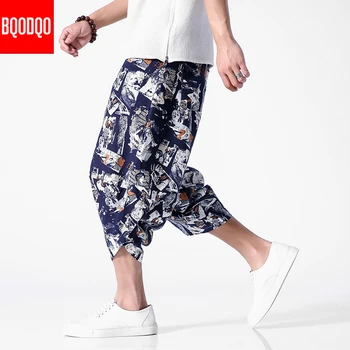 

Black Crane Print Beach Harem Pants For Men Plus Size Drawstring Joggers Sports Pant Streetwear Japanese Casual Loose Trousers