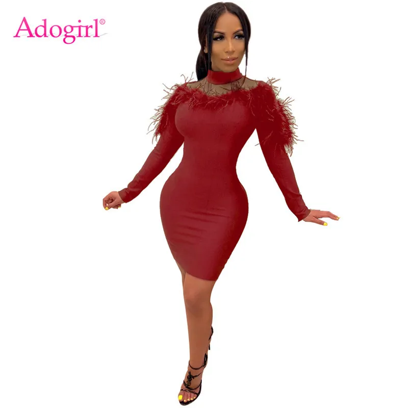 Adogirl Сетчатое лоскутное Бандажное платье с перьями облегающее мини длинным
