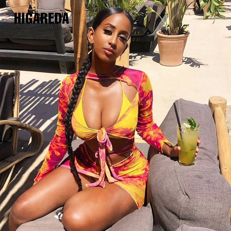 

2020 Tie Dye Cut Out Sexy Bandage Mini Dress Autumn Winter Women Fashion Mesh See-Through Club Party Streetwear
