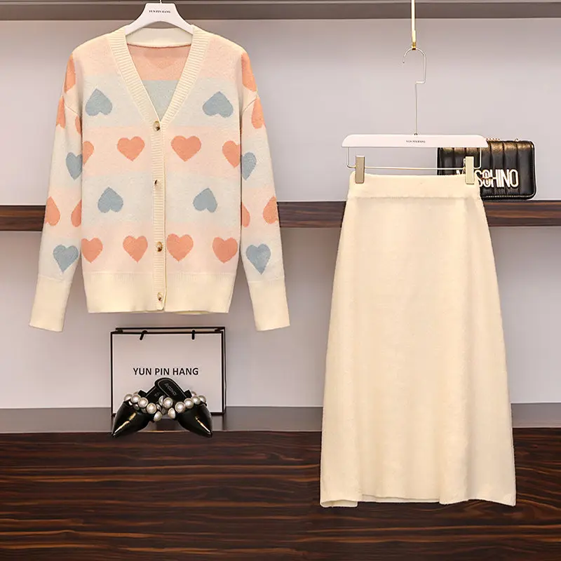 

LUOSHA 2 Piece Set Women Autumn Winter Knitted Skirt Set Sweet Love Star Cardigans And Midi Skirt Suit Casual Outfit