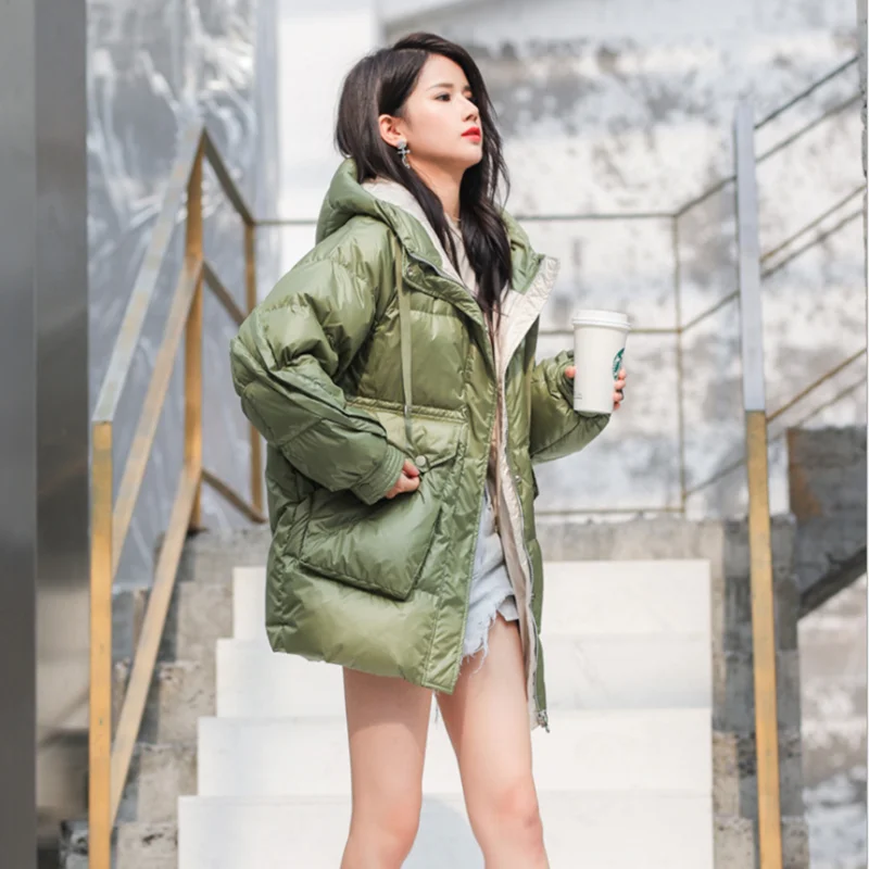 Женский пуховик с капюшоном синий черный хлопковый свободный чистый цвет теплое