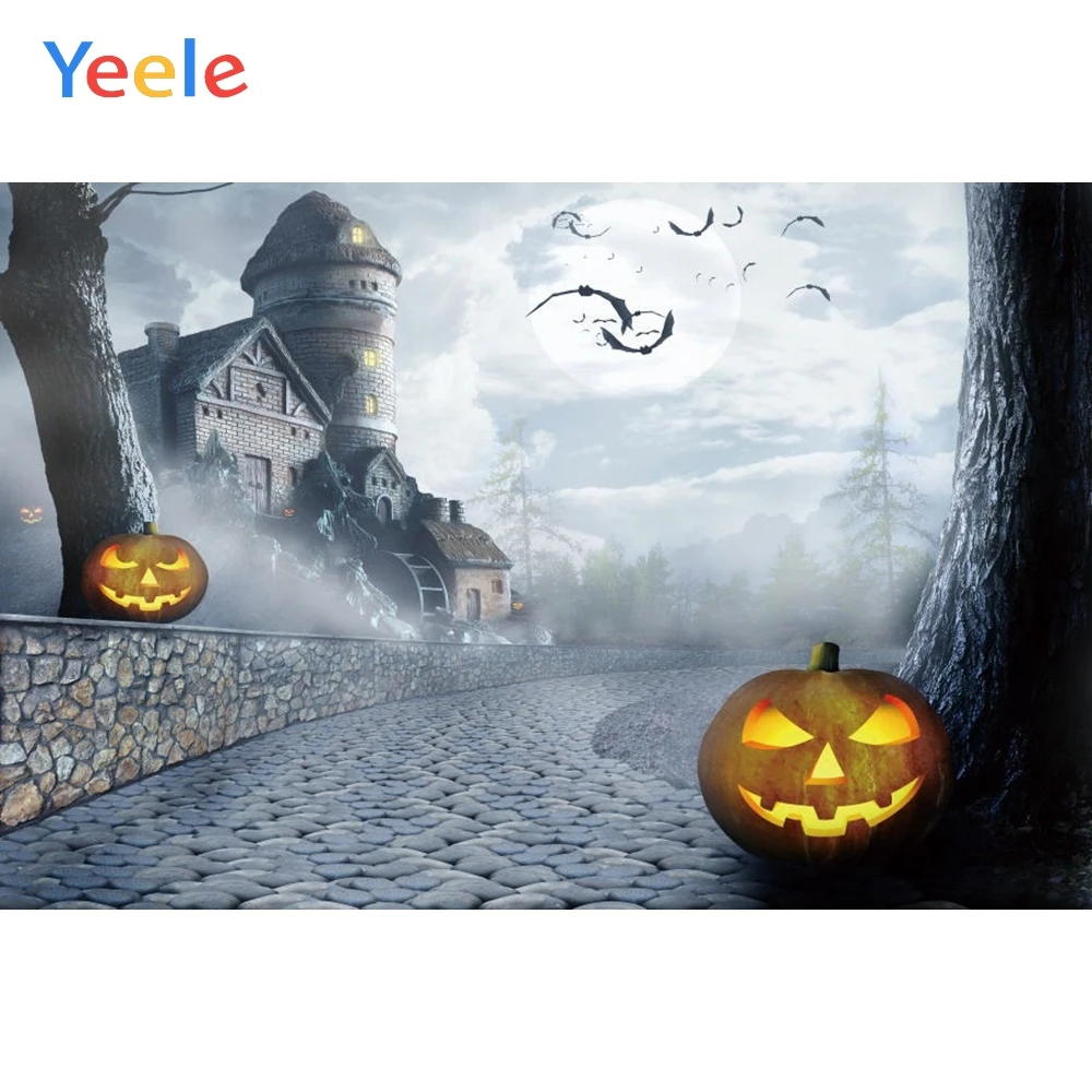 

Yeele Photophone Halloween Backdrop Castle Tree Bat Stone Pumpkin Lantern Night Vinyl Photography Background For Photo Studio