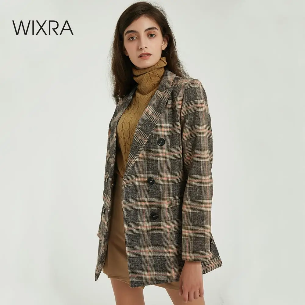 Wixra Women Classic Plaid Blazer Autumn Spring Double Breasted Office Lady Long Sleeve Vintage Coat Ladies Outerwears