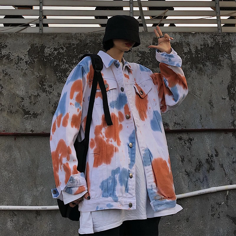 Buy Hip Hop Denim Jacket Men's Fashion Tie-dye Printing Casual Denim Jackets Mens Streetwear Wild Loose Bomber Jacket Men Outwear