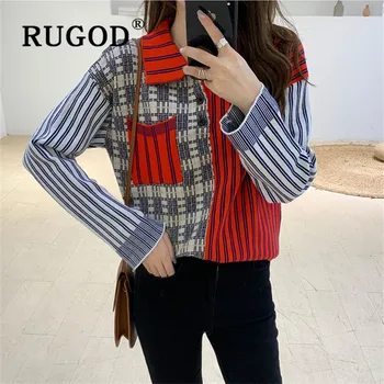 

RUGOD new autumn arrivals women's blouse plaid pattern stripe patchwork turn down collar long sleeve slim shirt fashion female