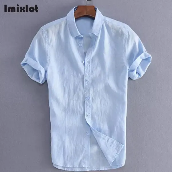 Light Blue Модные мужские рубашки Camisa Masculina, летние повседневные рубашки с коротким рукавом, однобортная однотонная хлопковая рубашка, мужская рубашка, размер - Цвет: Light Blue