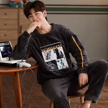 

Winter Long Sleeve Pajamas For Men Thicken Flannel Sleepwear Suit 2 Pcs Pyjama Homme Warm Casual Home Clothing Pijama Hombre