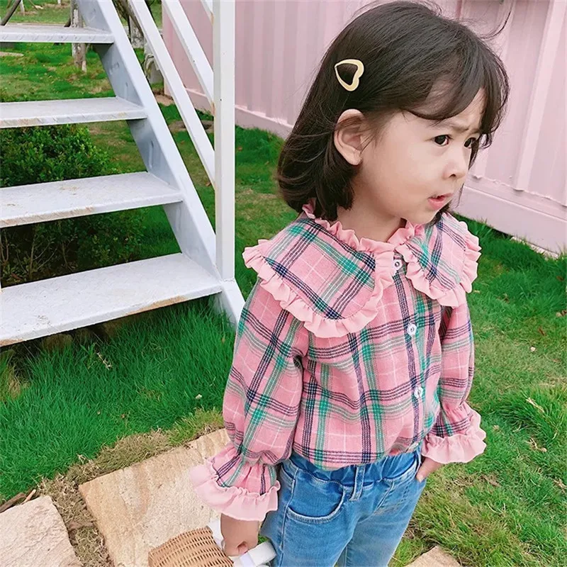Baby Cotton Blouse Sweet Girls Ruffled Collar Clothes Kids Long Sleeved Shirt Children Cute Pink Tops Fashion Spring Autumn