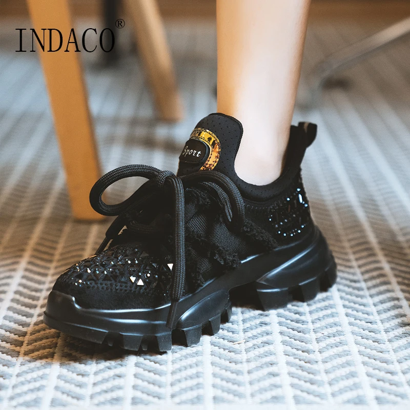

Women Sneakers Fashion Black Rhinestone Shoes Leather Trainers Women Platform Sneakers 4.5m