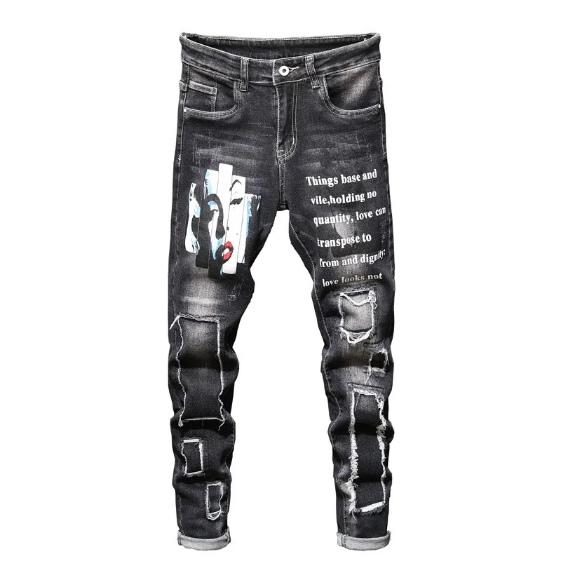 MORUANCLE Для Мужчин's рваные джинсовые штаны с принтом в виде Мода Марка NEW Fashion Hi Street Проблемные окрашенные джинсовые штаны с дырками узоры прямой покрой